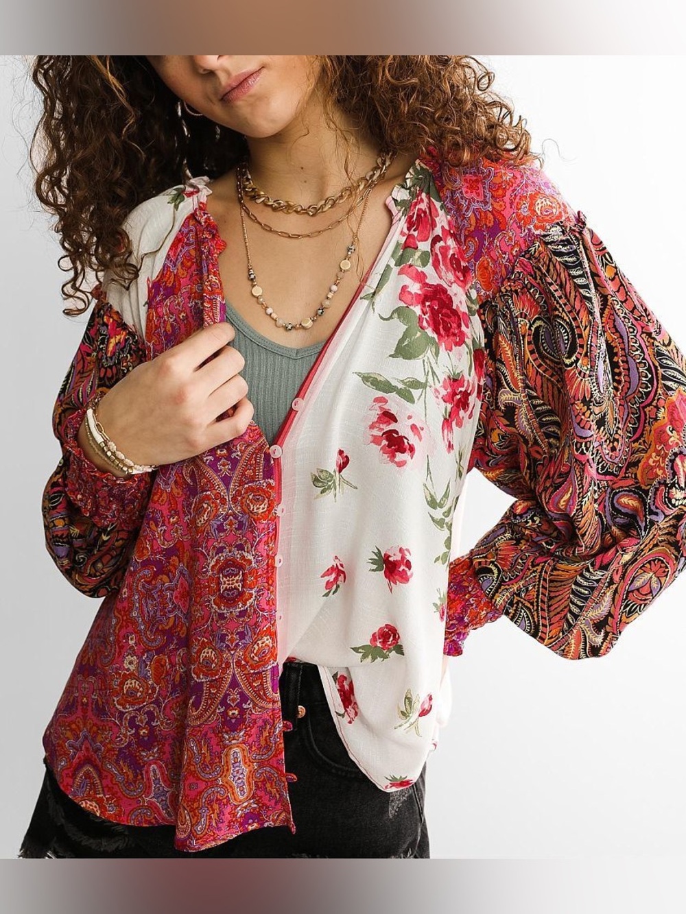 Free People Gemini Blouse XS Patchwork Floral Paisley Boho